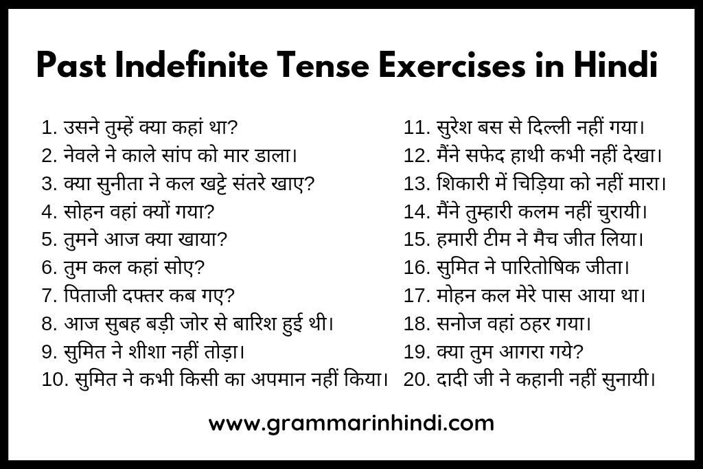 Past Indefinite Tense Exercises in Hindi - Translation