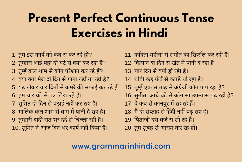 Present Perfect Continuous Tense Exercises in Hindi - Translation